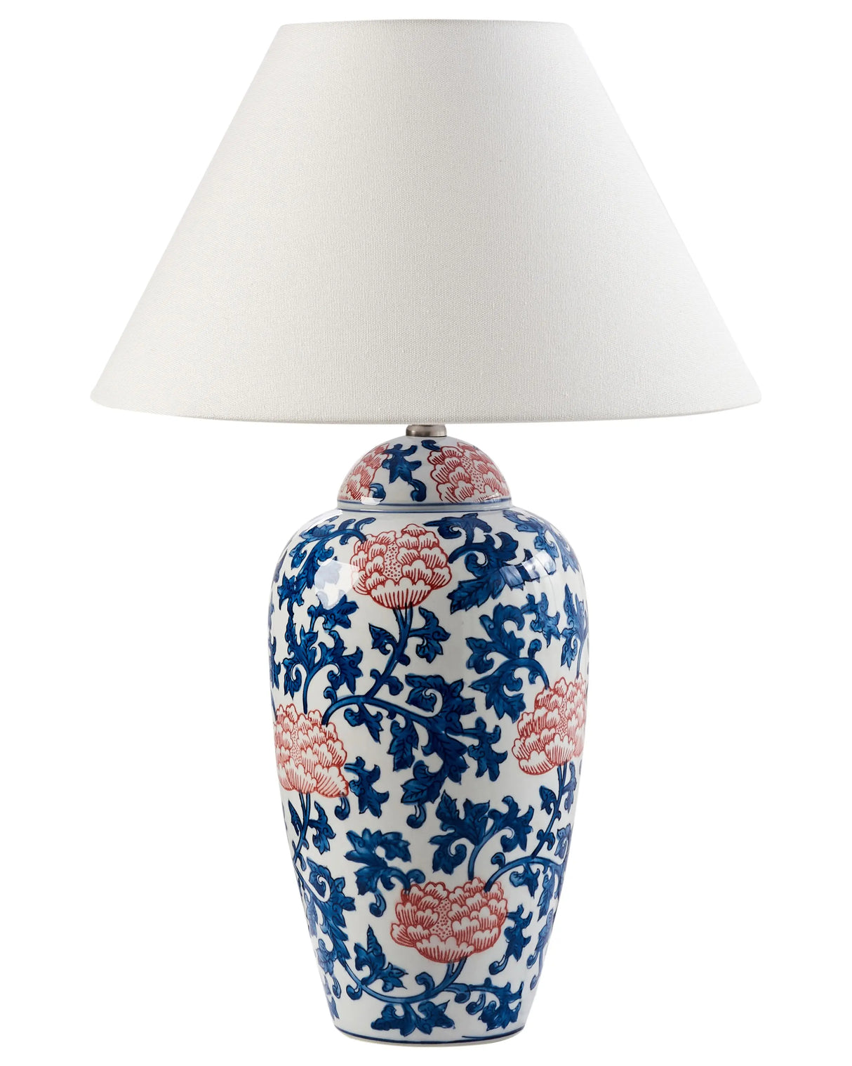 Table Lamp White and Blue Porcelain Base Linen Bell Shade with a Floral Patten Lighting Stylish Beliani
