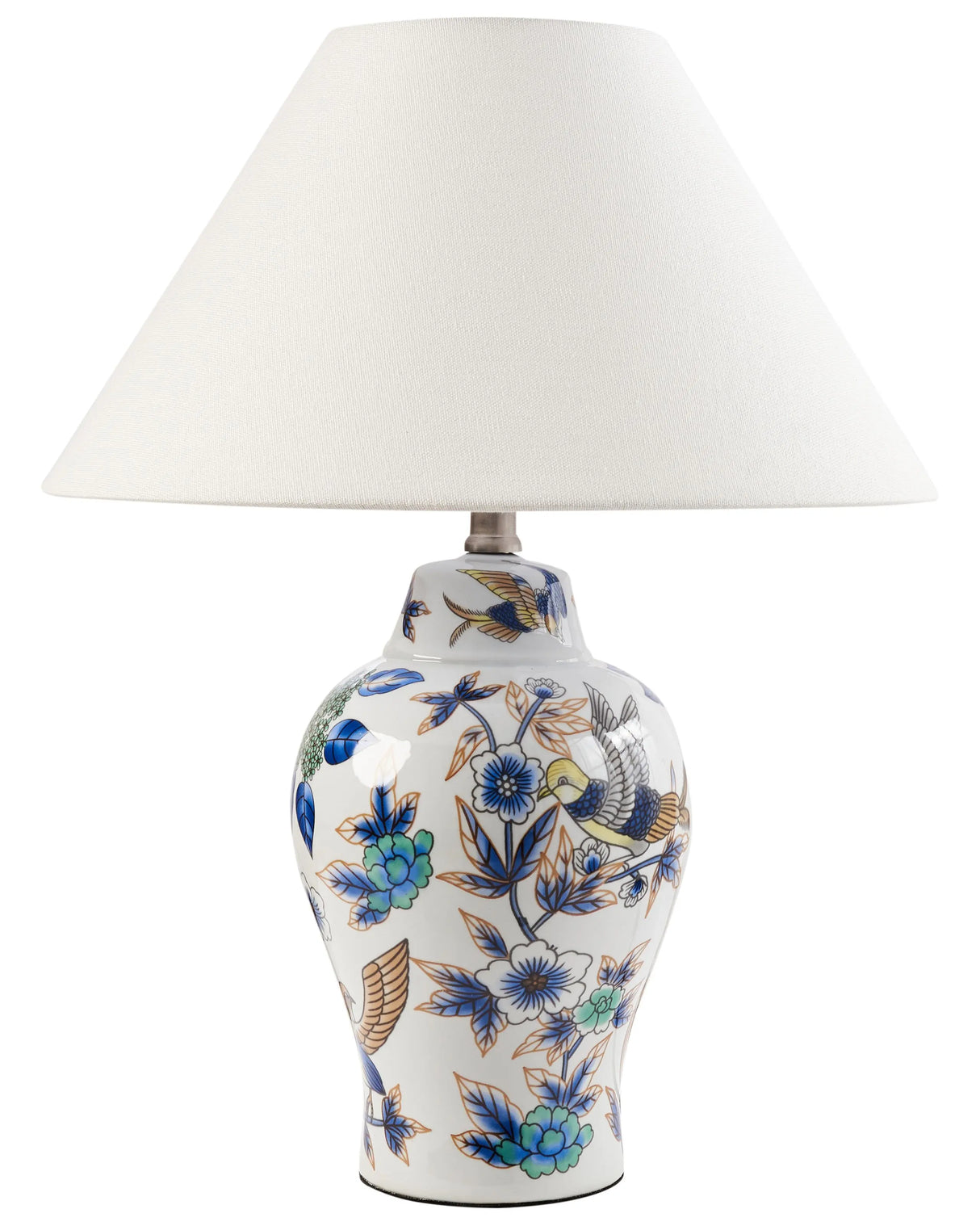 Table Lamp White and Blue Porcelain Base Linen Bell Shade with a Floral Pattern Lighting Stylish Beliani