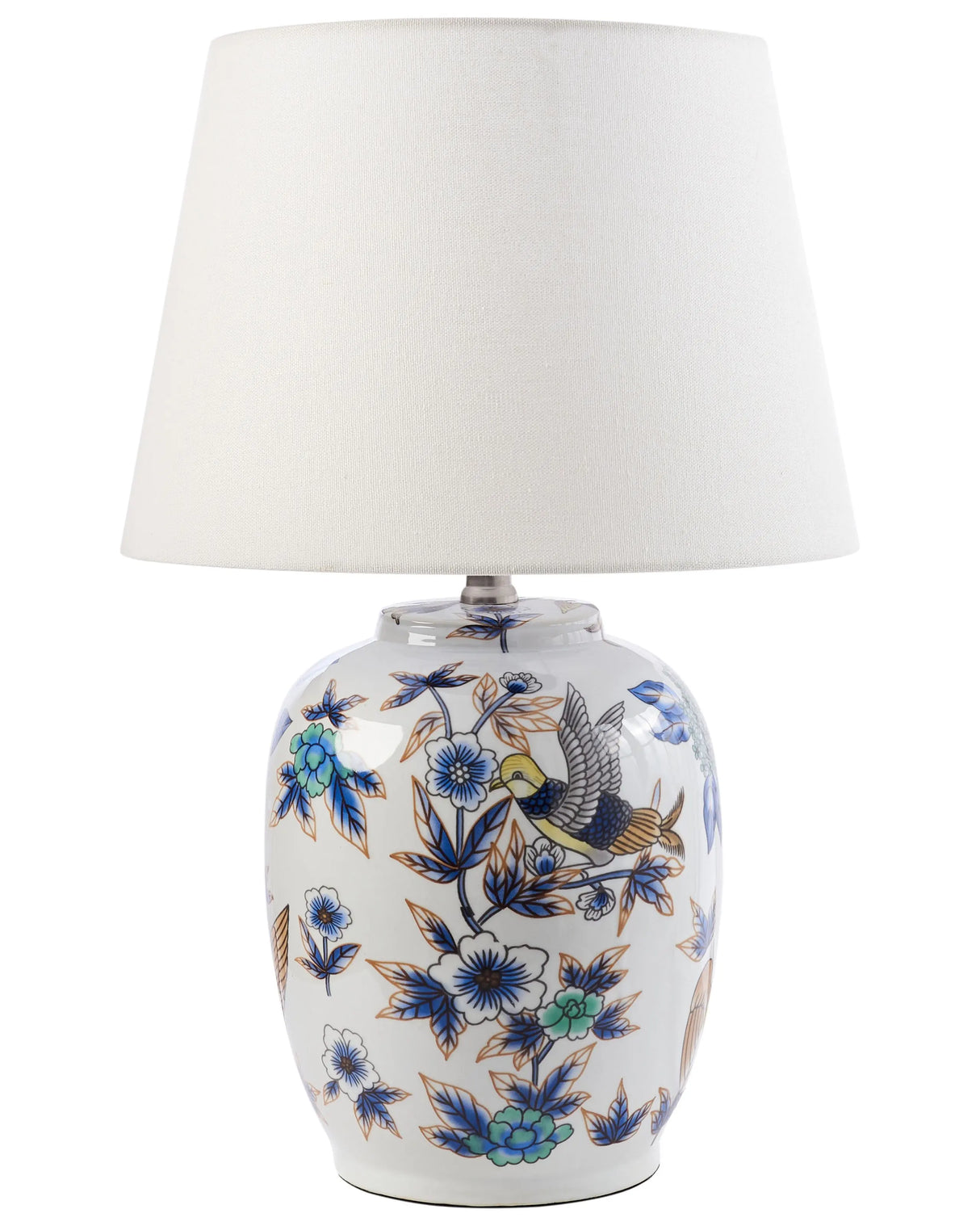 Table Lamp White and Blue Porcelain Base Linen Drum Shade with a Floral Patten Lighting Stylish Beliani