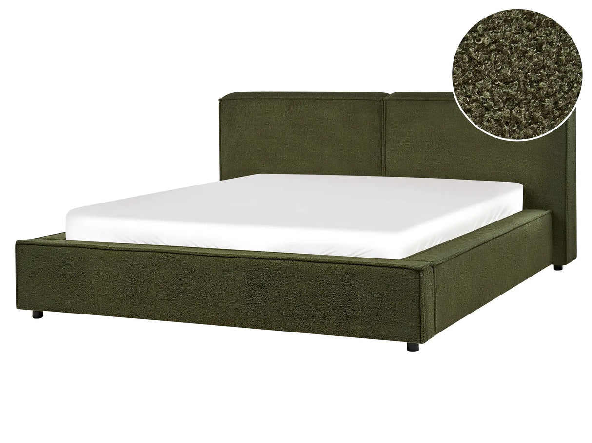 EU King Size Waterbed Dark Green Boucle Upholstery 5ft3 Slatted Base with Thick Padded Headboard Footboard Beliani