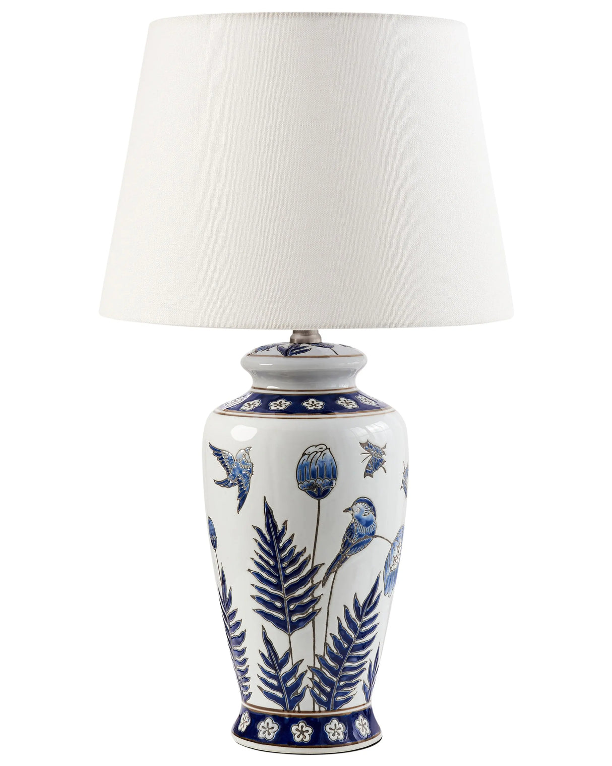 Table Lamp White and Blue Porcelain Base Linen Drum Shade with a Floral Patten Lighting Stylish Beliani