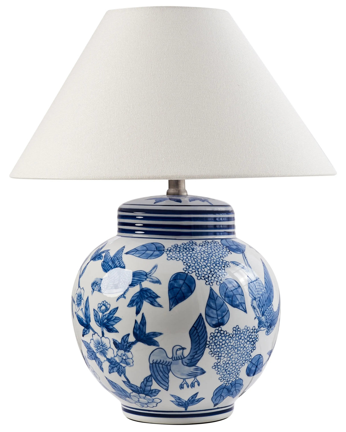 Table Lamp White and Blue Porcelain Base Linen Bell Shade with a Floral Patten Lighting Stylish Beliani