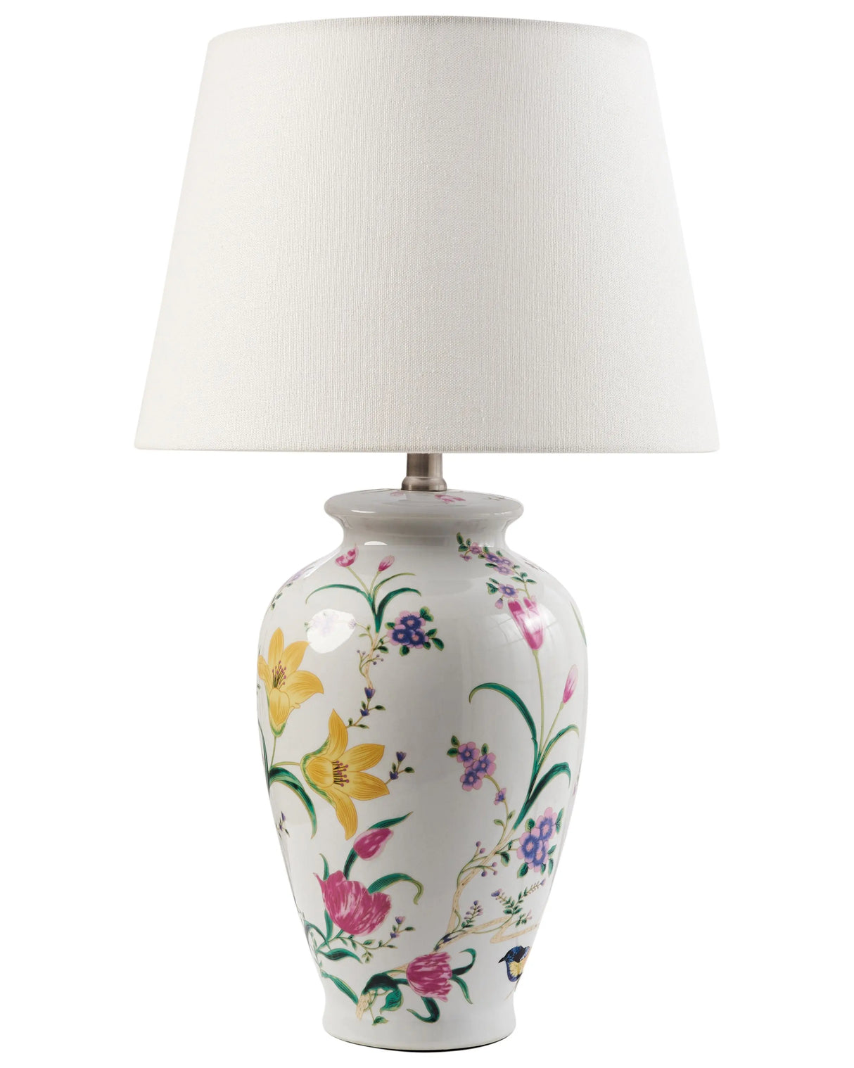 Table Lamp White Porcelain Base Linen Drum Shade with a Floral Patten Lighting Stylish Beliani