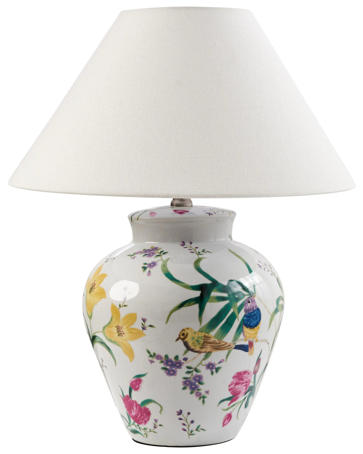 Table Lamp White Porcelain Base Linen Bell Shade with a Floral Patten Lighting Stylish Beliani