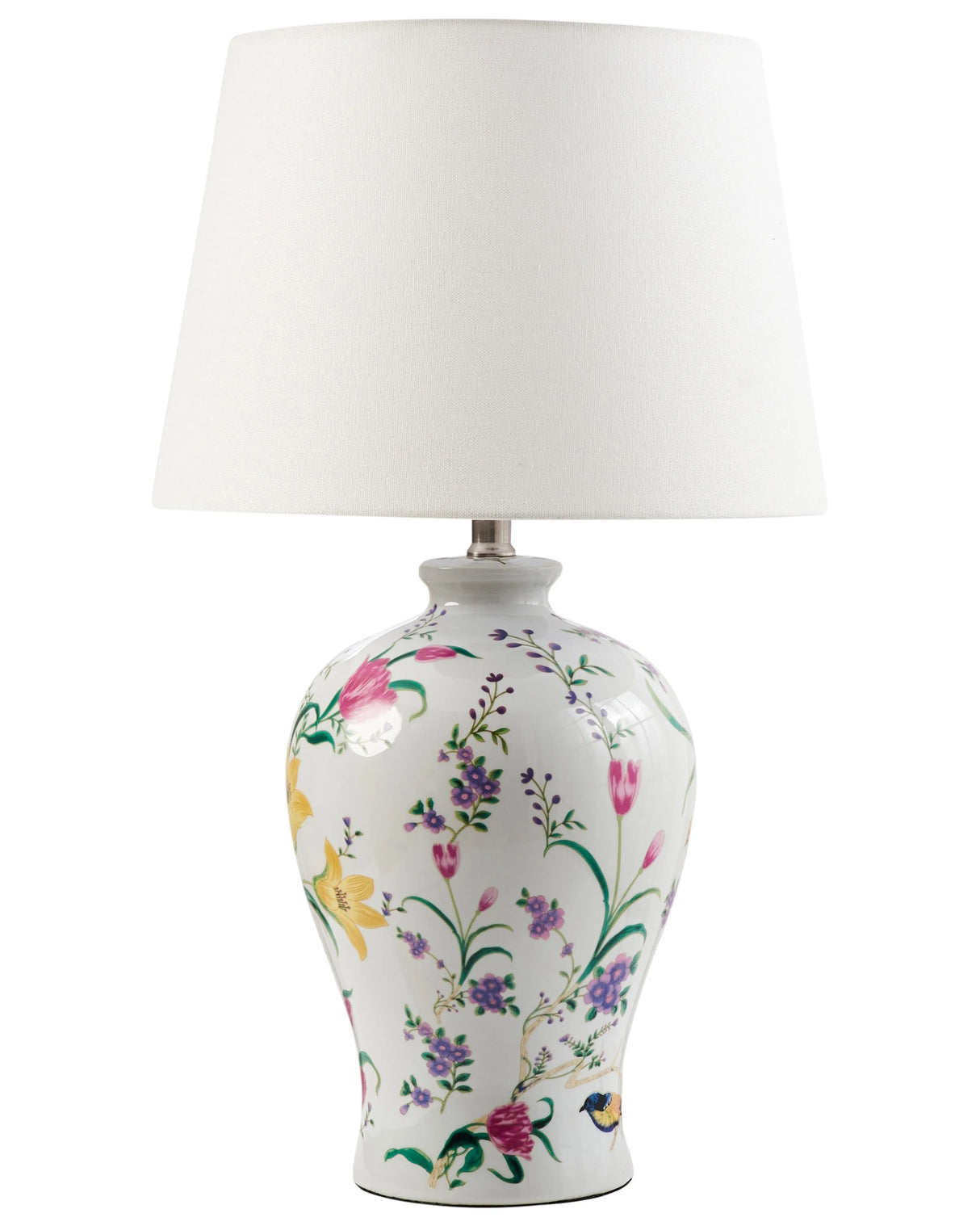 Table Lamp White Porcelain Base Linen Drum Shade with a Floral Patten Lighting Stylish Beliani
