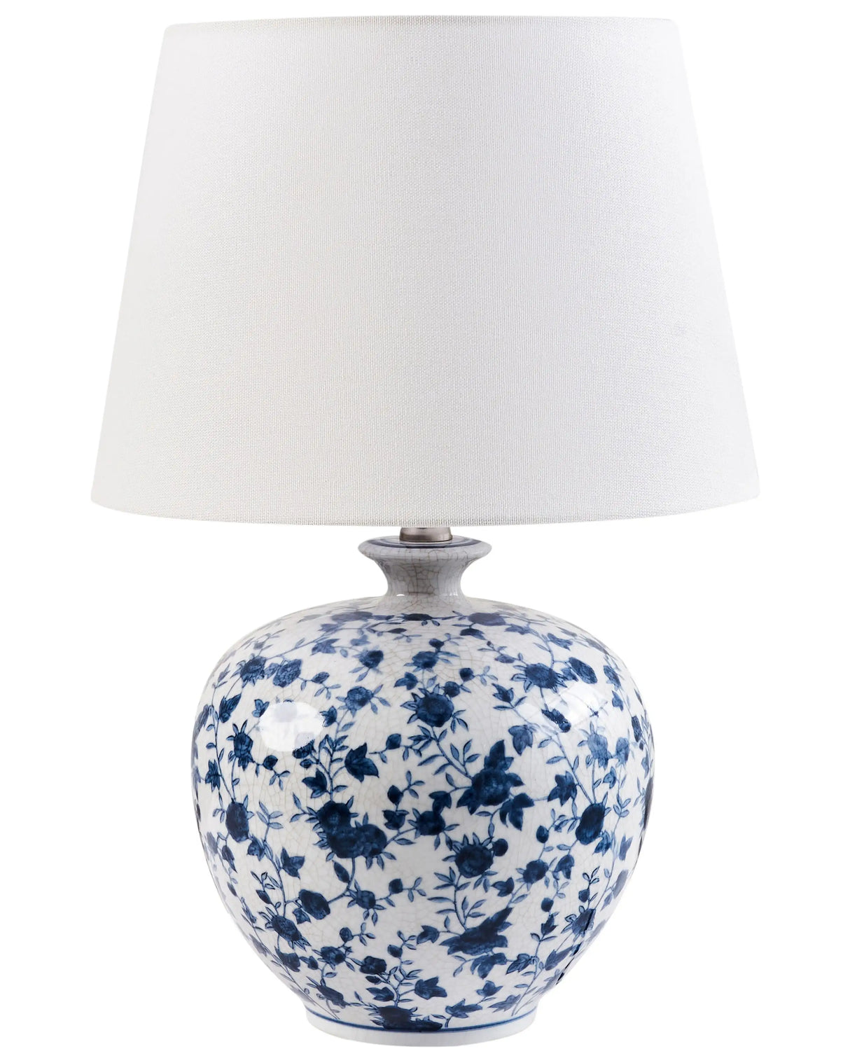 Table Lamp White and Blue Porcelain Base Linen Drum Shade with a Floral Patten Lighting Stylish Beliani