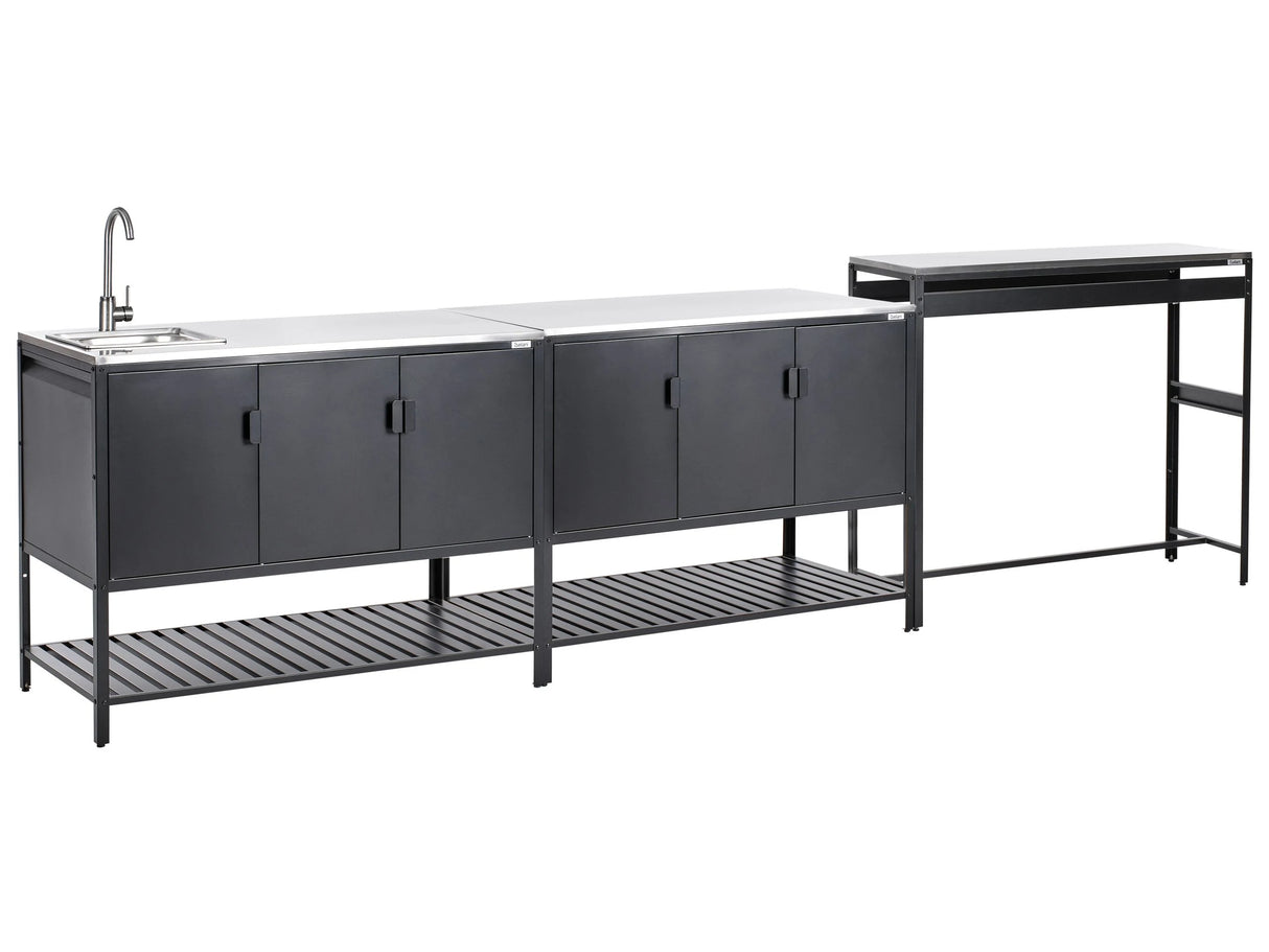 Outdoor Kitchen Cabinet Black Stainless Steel 3 Door Unit with Top Garden Kitchen Dining Beliani