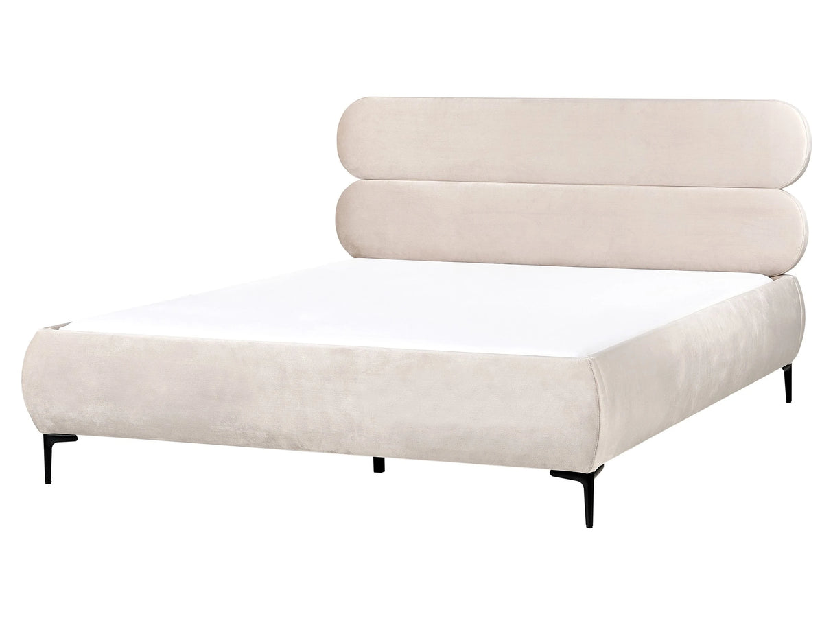 Bed Frame Light Beige Velvet Upholstery Black Metal Legs EU King Size 5ft3 Slatted with Wingback Headboard Bedroom Classic Minimalist Beliani