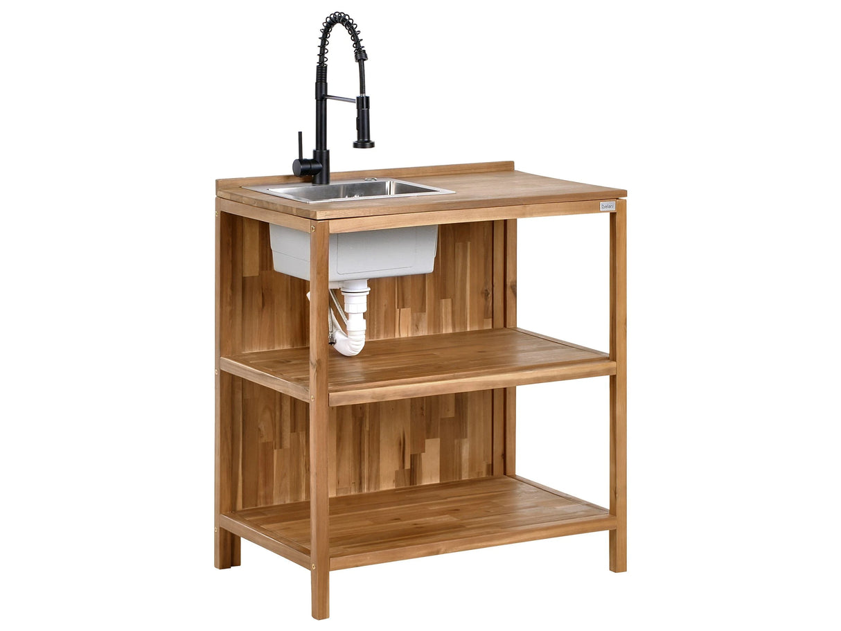 Outdoor Kitchen Island with Sink and Faucet Brown and Black Acacia Wood Stainless Steel 2 Shelves Unit with Top 50 x 80 x 90 cm Garden Kitchen Dining Beliani