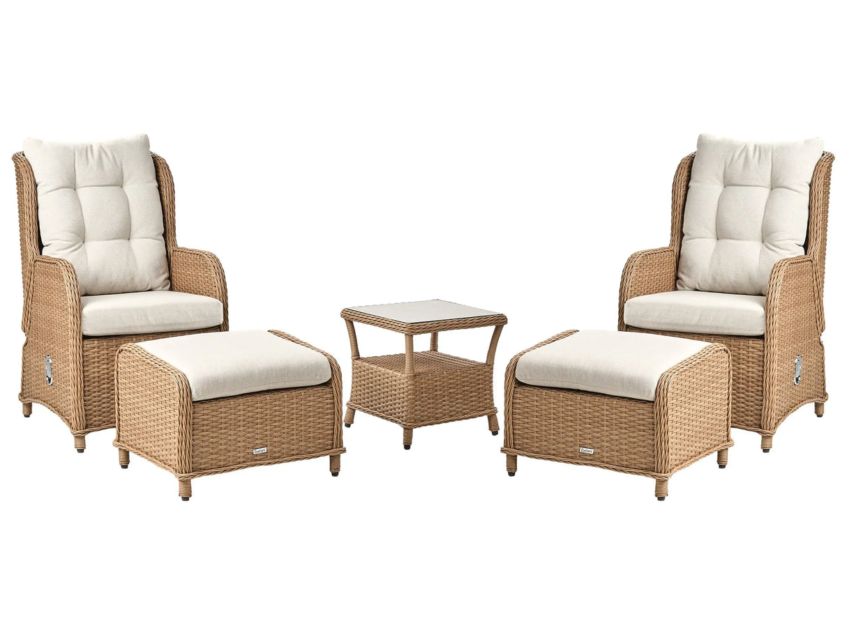 Outdoor Lounge Set for 2 Brown Faux Rattan Aluminium Frame Polyester Cushions Tempered Glass Table with Shelf Reclining Traditional Beliani