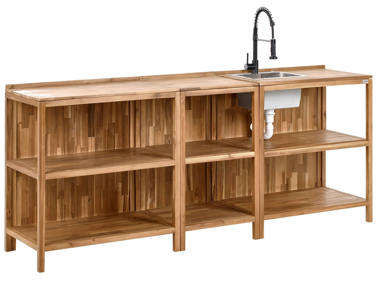 Outdoor Kitchen Set with Sink and Faucet Brown and Black Acacia Wood Stainless Steel Shelves Unit with Top Garden Kitchen Dining Beliani