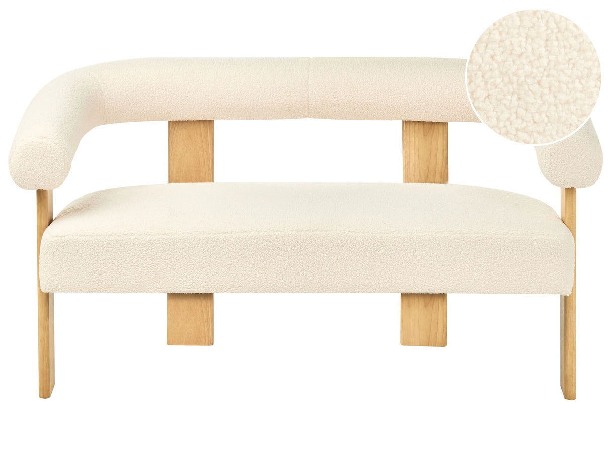 2 Seater Sofa Off-White and Light Brown Boucle Upholstery Retro Design Wooden Legs Living Room Beliani