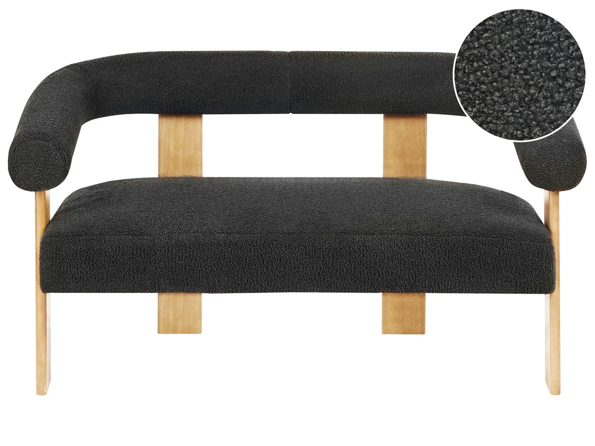 2 Seater Sofa Black and Light Brown Boucle Upholstery Retro Design Wooden Legs Living Room Beliani