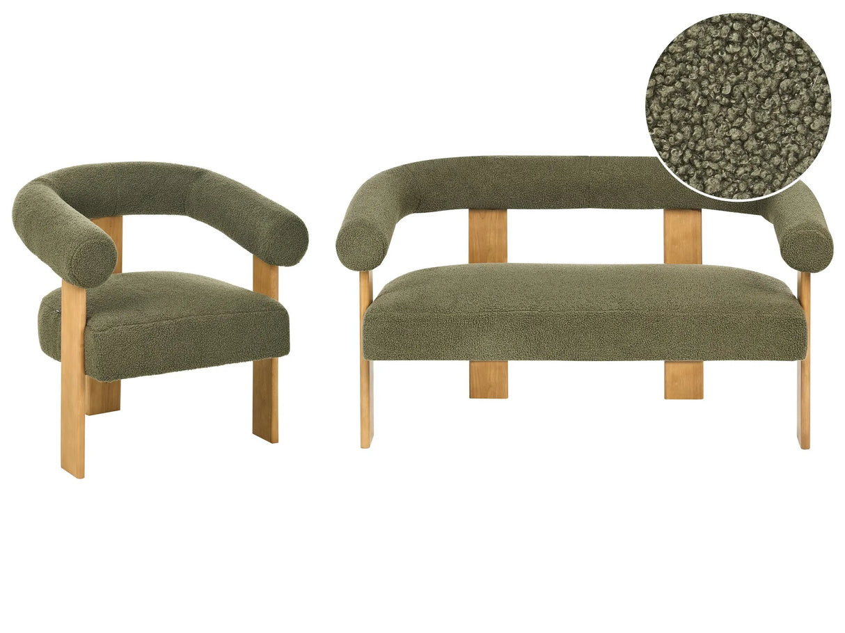 Sofa Set Green and Light Brown 2 Seater Armchair Boucle Upholstery Retro Design Wooden Legs Living Room Beliani