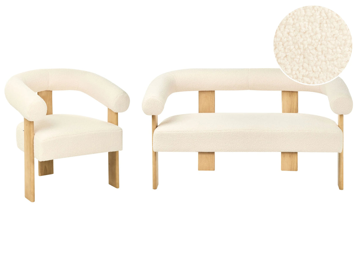 Sofa Set Off-White and Light Brown 2 Seater Armchair Boucle Upholstery Retro Design Wooden Legs Living Room Beliani