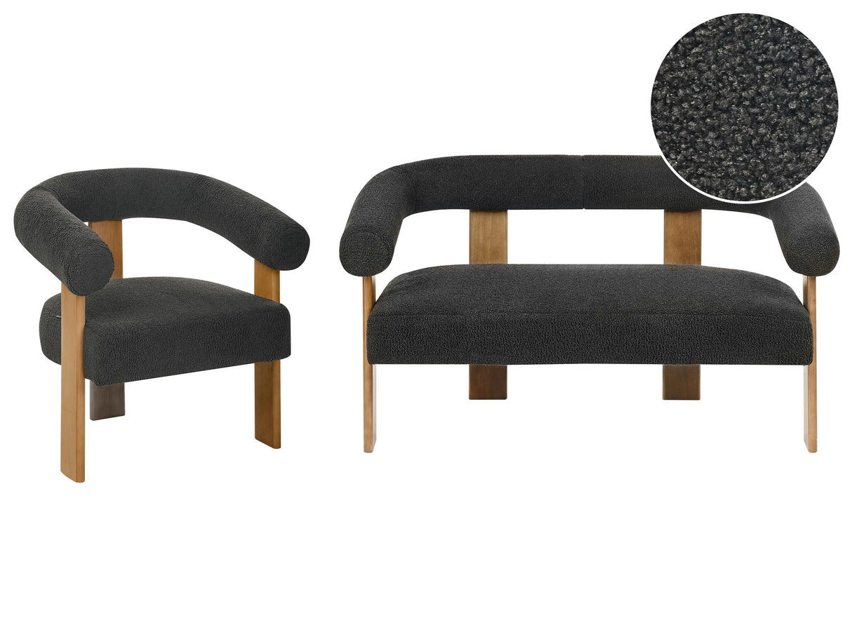 Sofa Set Black and Dark Brown 2 Seater Armchair Boucle Upholstery Retro Design Wooden Legs Living Room Beliani