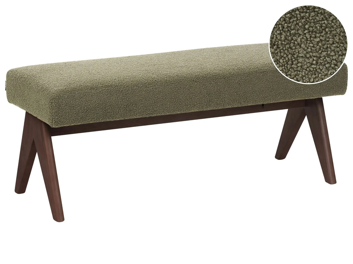 Boucle Bench Green and Dark Brown Upholstered Wooden Legs Hallway Seat Bed Bench Beliani