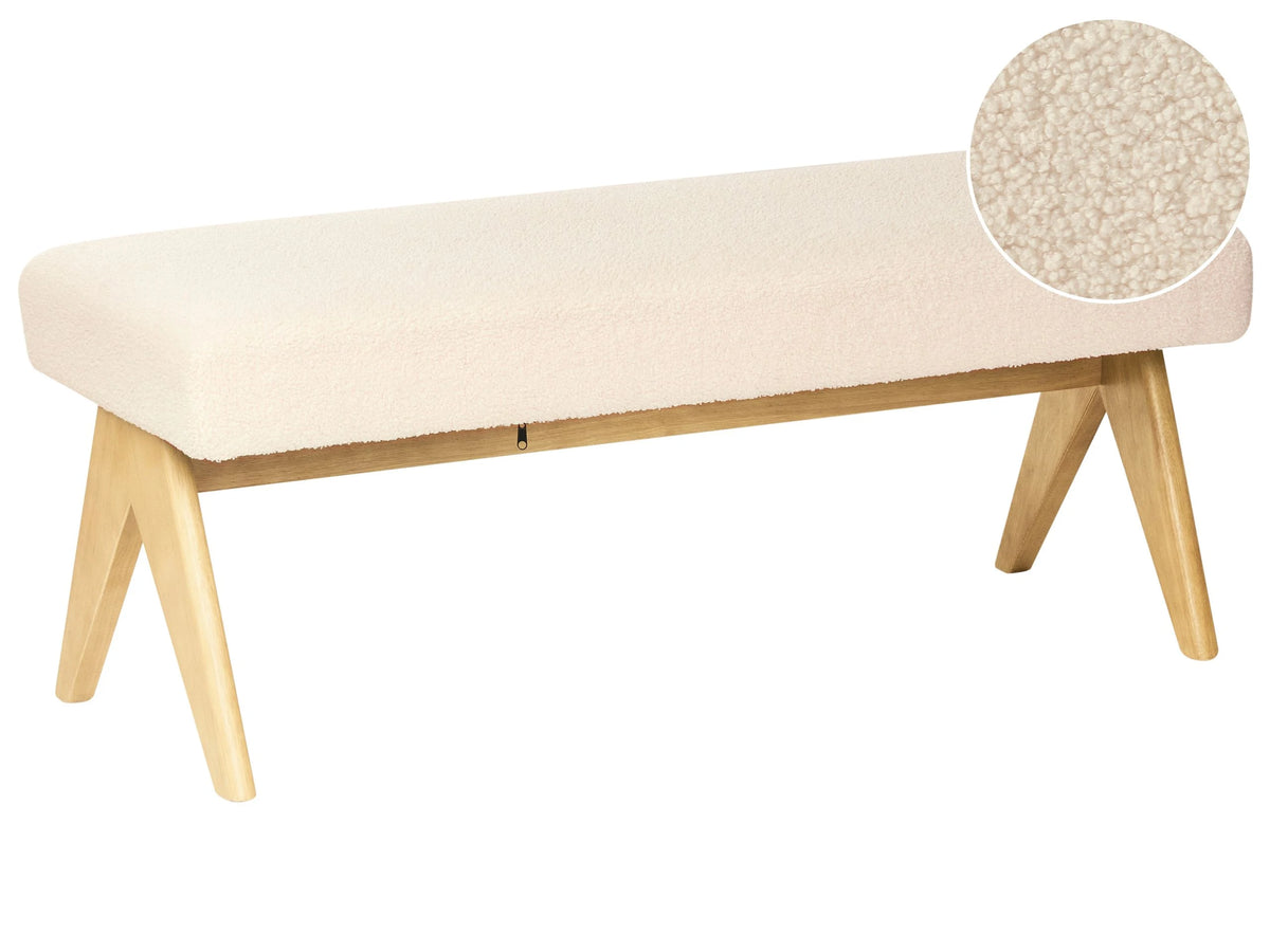 Boucle Bench Off-White and Light Brown Upholstered Wooden Legs Hallway Seat Bed Bench Beliani