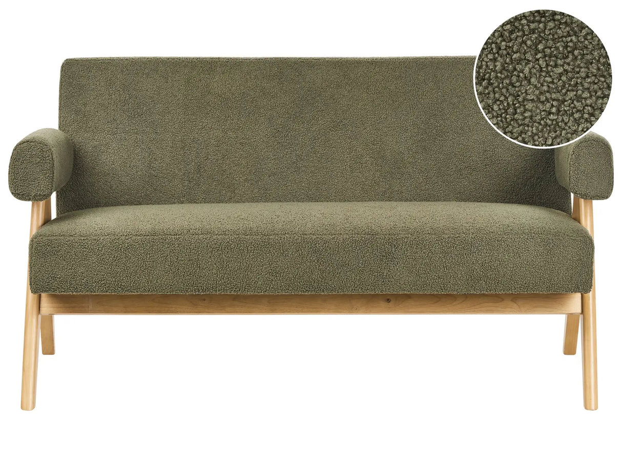 2 Seater Sofa Green and Light Brown Boucle Upholstery Retro Design Wooden Legs Living Room Beliani