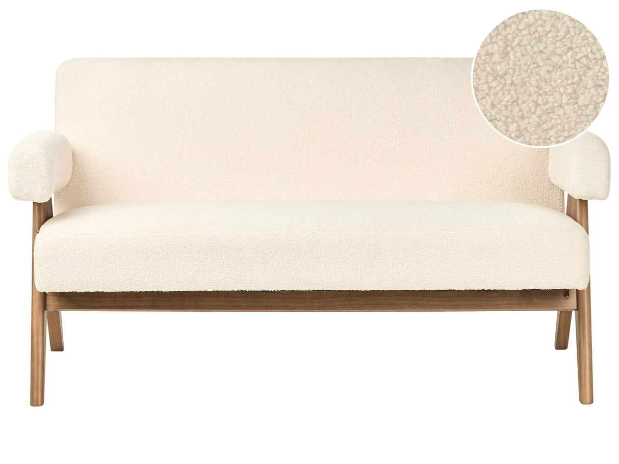 2 Seater Sofa Off-White and Dark Brown Boucle Upholstery Retro Design Wooden Legs Living Room Beliani