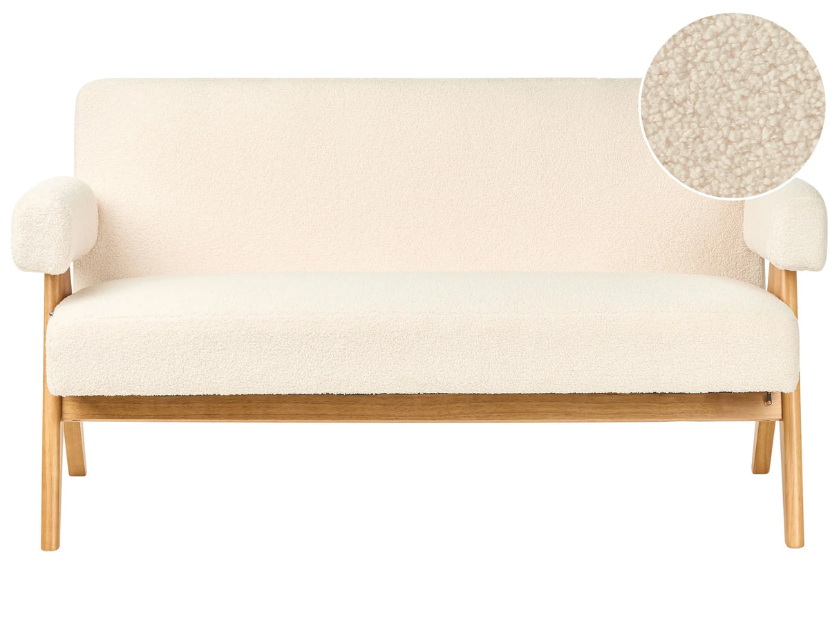 2 Seater Sofa Off-White and Light Brown Boucle Upholstery Retro Design Wooden Legs Living Room Beliani