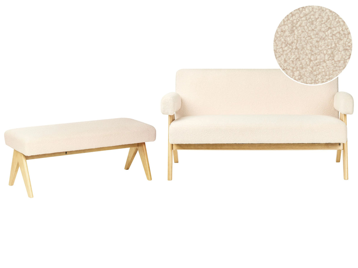 Sofa Set Off-White and Light Brown 2 Seater Sofa Bench Boucle Upholstery Retro Design Wooden Legs Living Room Beliani