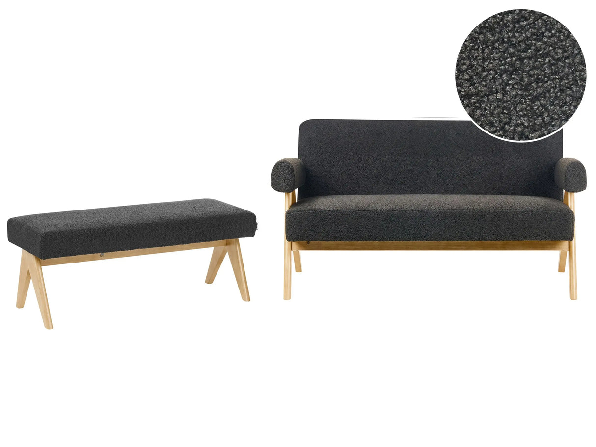Sofa Set Black and Light Brown 2 Seater Sofa Bench Boucle Upholstery Retro Design Wooden Legs Living Room Beliani