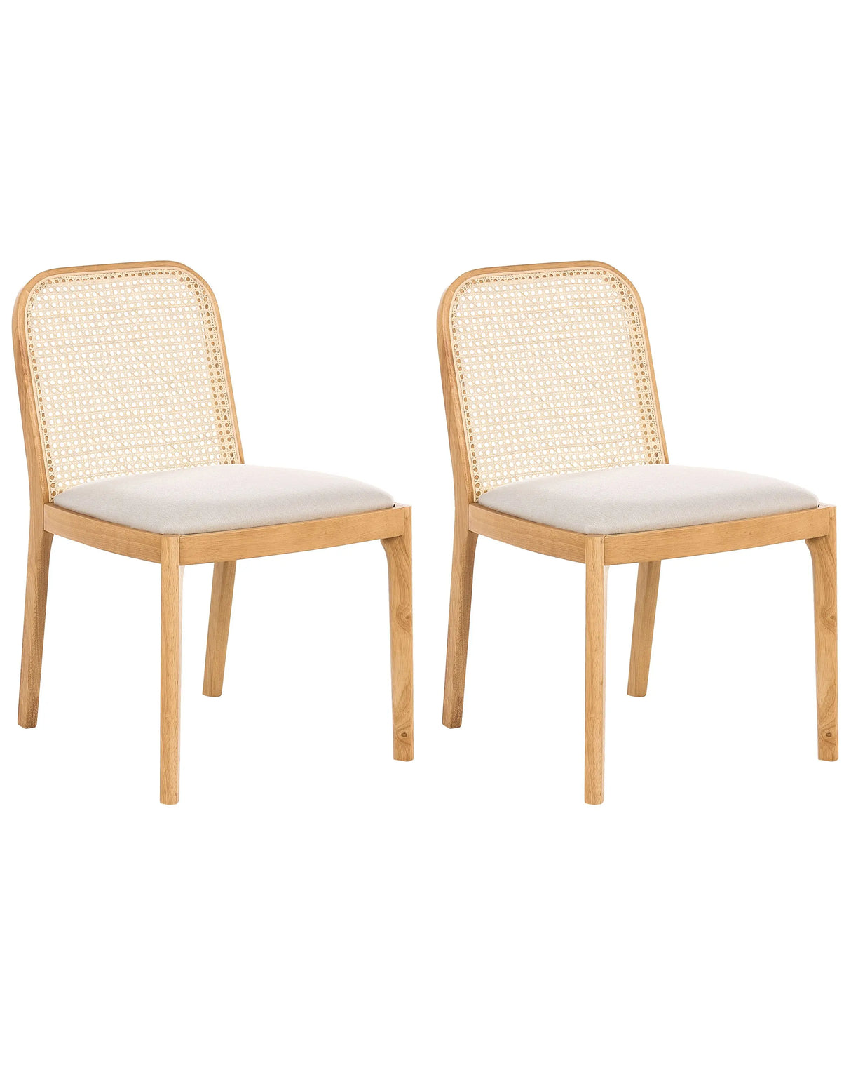 Set of 2 Dining Chairs Light Brown Polyester Seat Rattan Backrest Rubber Wood Frame Viennese Braid Armless Beliani