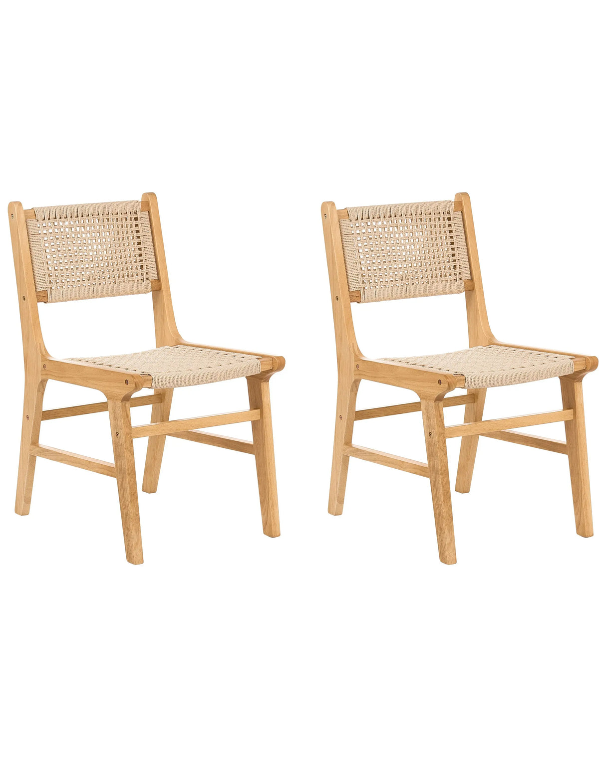 Set of 2 Dining Chairs Brown and Beige Beige Rubber Wood Frame Paper Cord Seat and Backrest Dining Room Boho Beliani