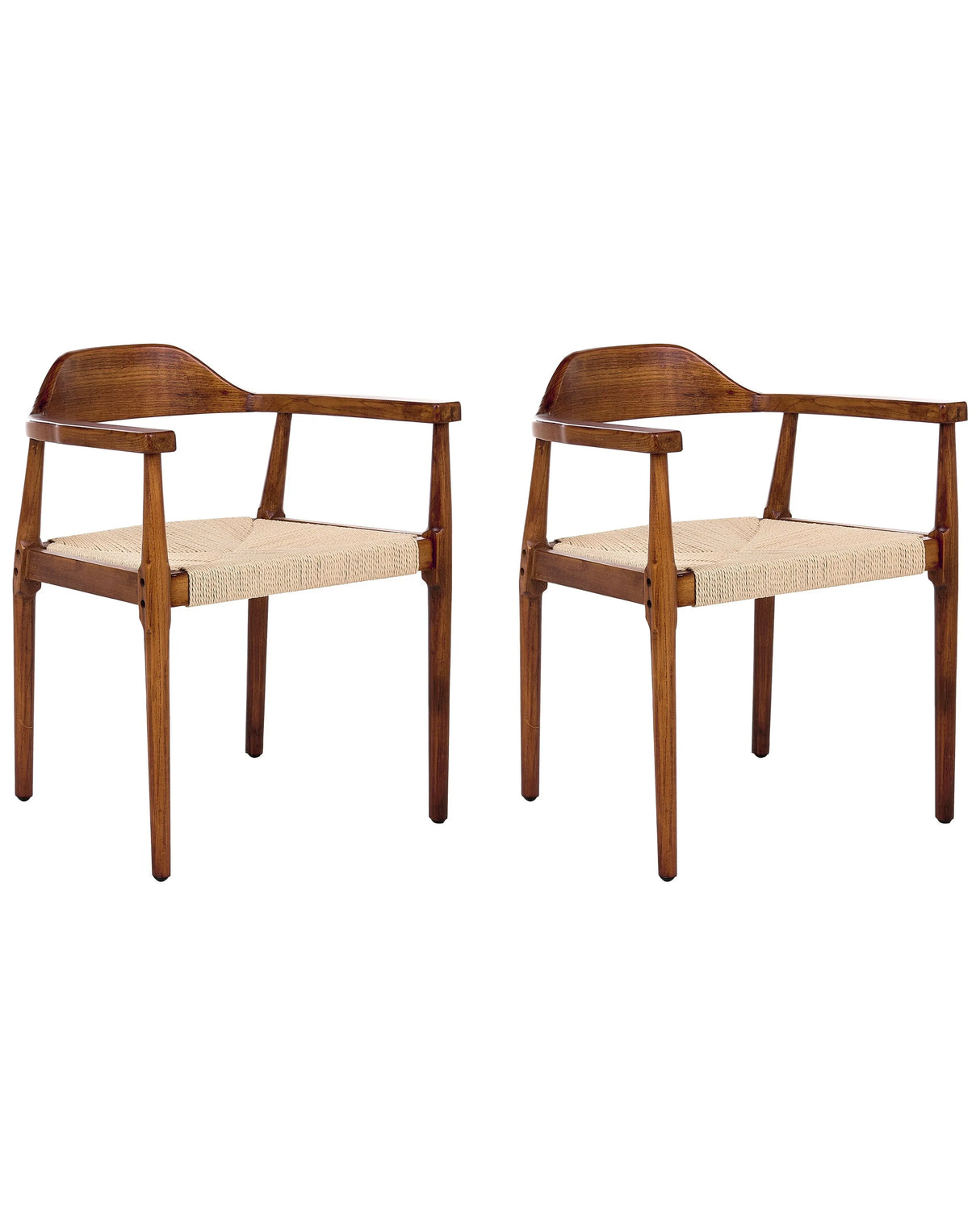 Set of 2 Dining Chairs Dark Brown and Beige Rubber Wood Frames Paper Cord Seats Retro Style Dining Room Beliani
