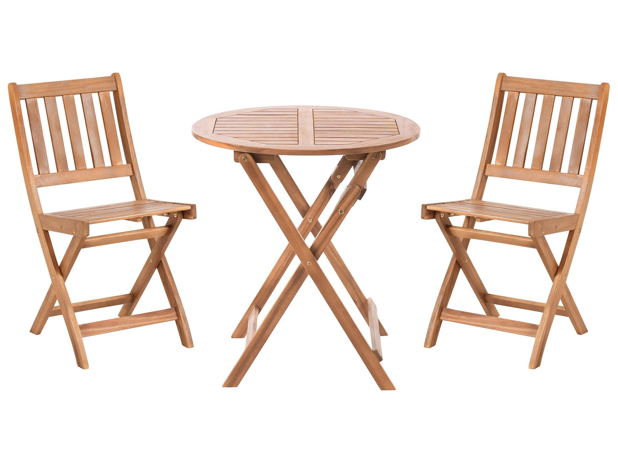3 Piece Bistro Set Brown Solid Certified Acacia 2 Chairs and Tea Table Folding Slatted Design Beliani