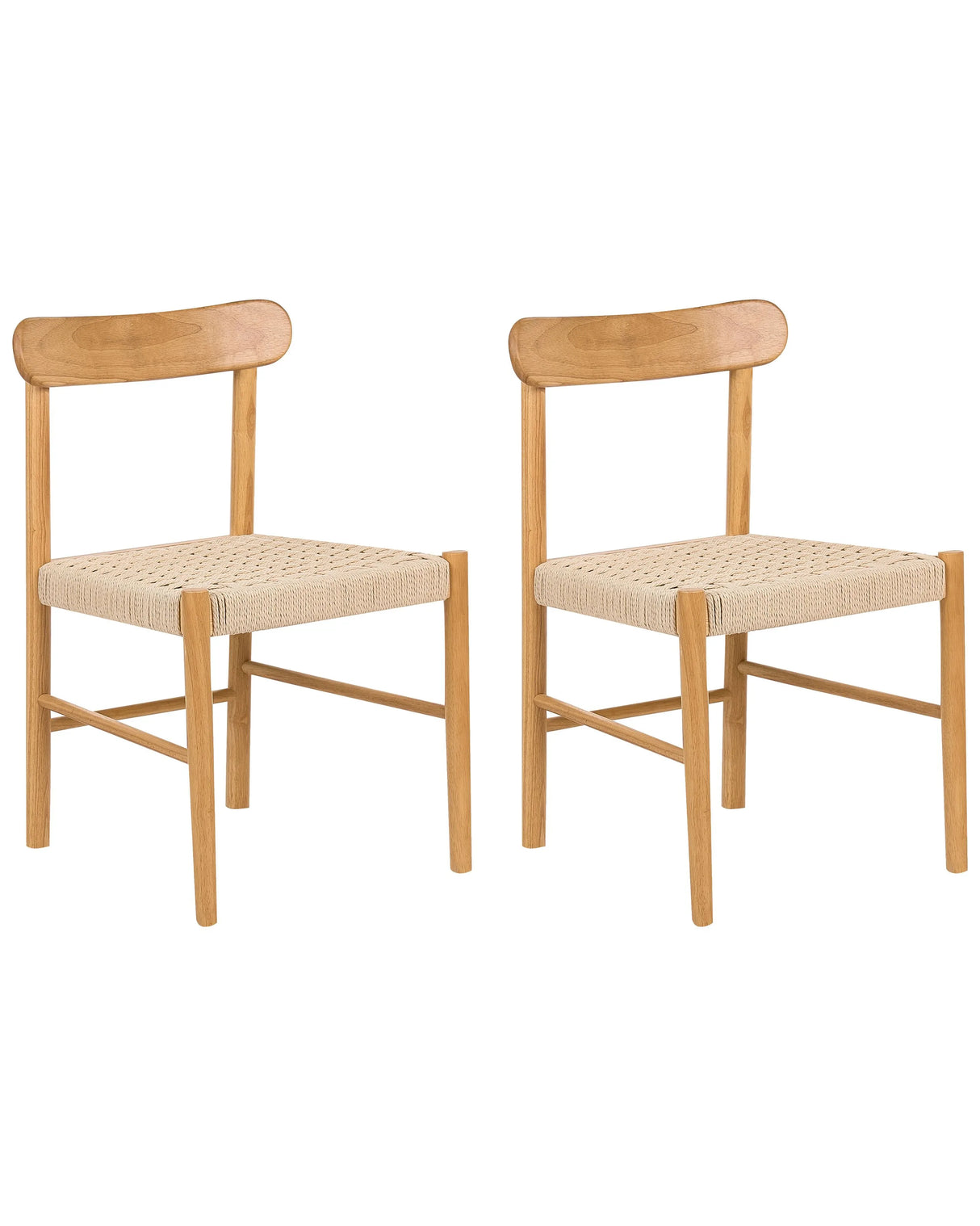 Set of 2 Dining Chairs Brown and Beige Rubber Wood Frames Paper Cord Seats Armless Retro Style Dining Room Beliani