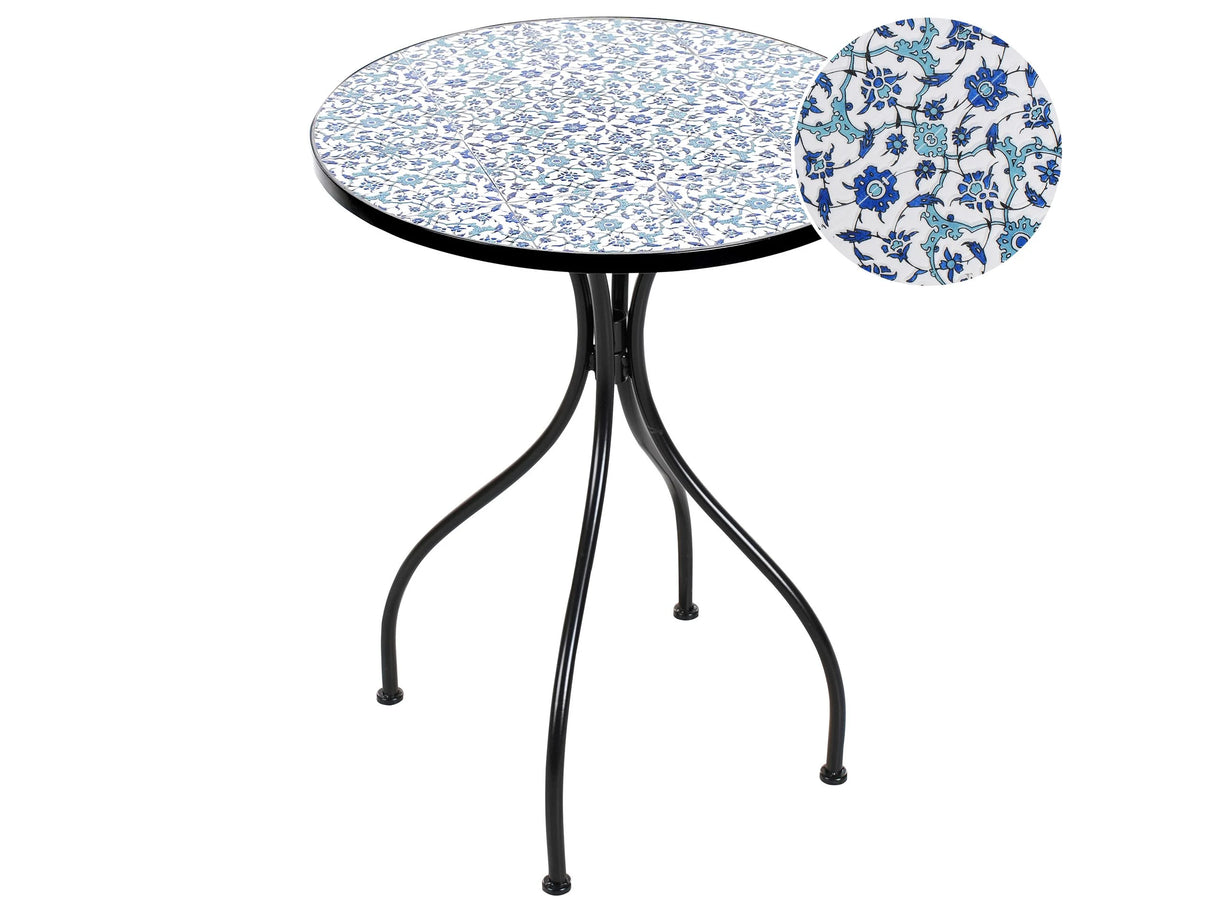 Garden Bistro Table Black Metal Iron Frame 60 cm Ceramic Floral Pattern Tabletop Vintage Style Outdoor Beliani