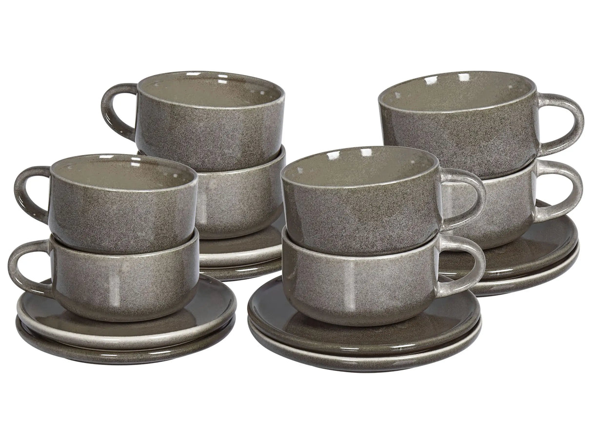 Set of 8 Cups with Saucers Grey Stoneware Kaolin Handmade Reactive Glaze Finish Service for 8 People Tea Coffee Kitchen Dining Room Beliani