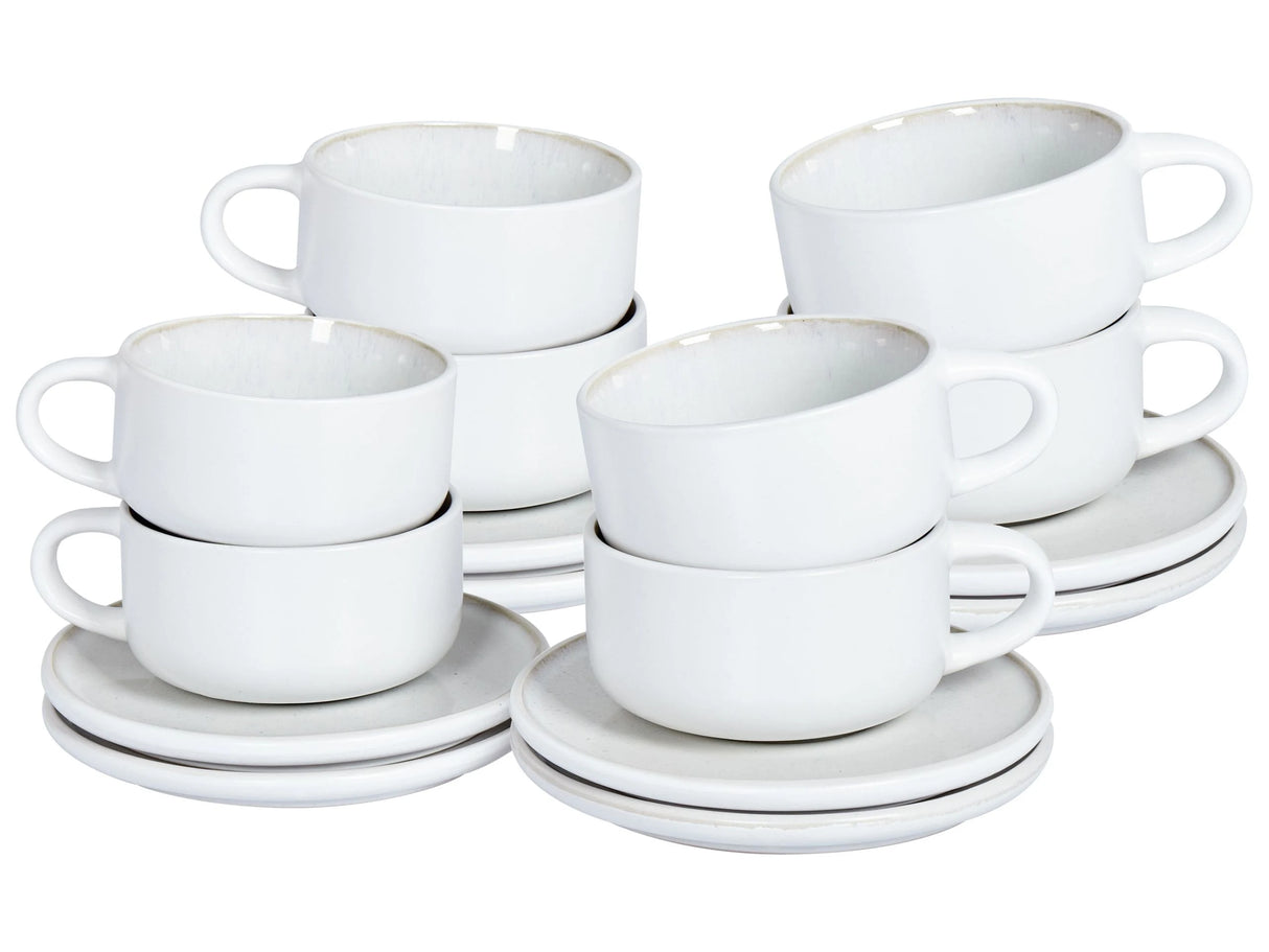 Set of 8 Cups with Saucers Off-White Stoneware Kaolin Handmade Reactive Glaze Finish Service for 8 People Tea Coffee Kitchen Dining Room Beliani