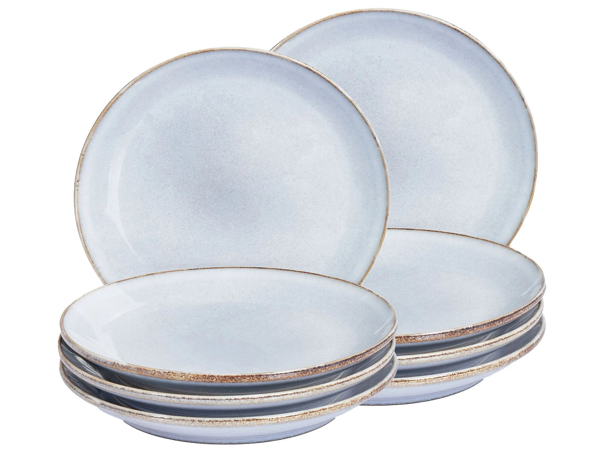 Set of 8 Side Plates Light Blue Stoneware Kaolin Handmade Reactive Glaze Finish Dessert Plate Kitchen Dining Room Beliani