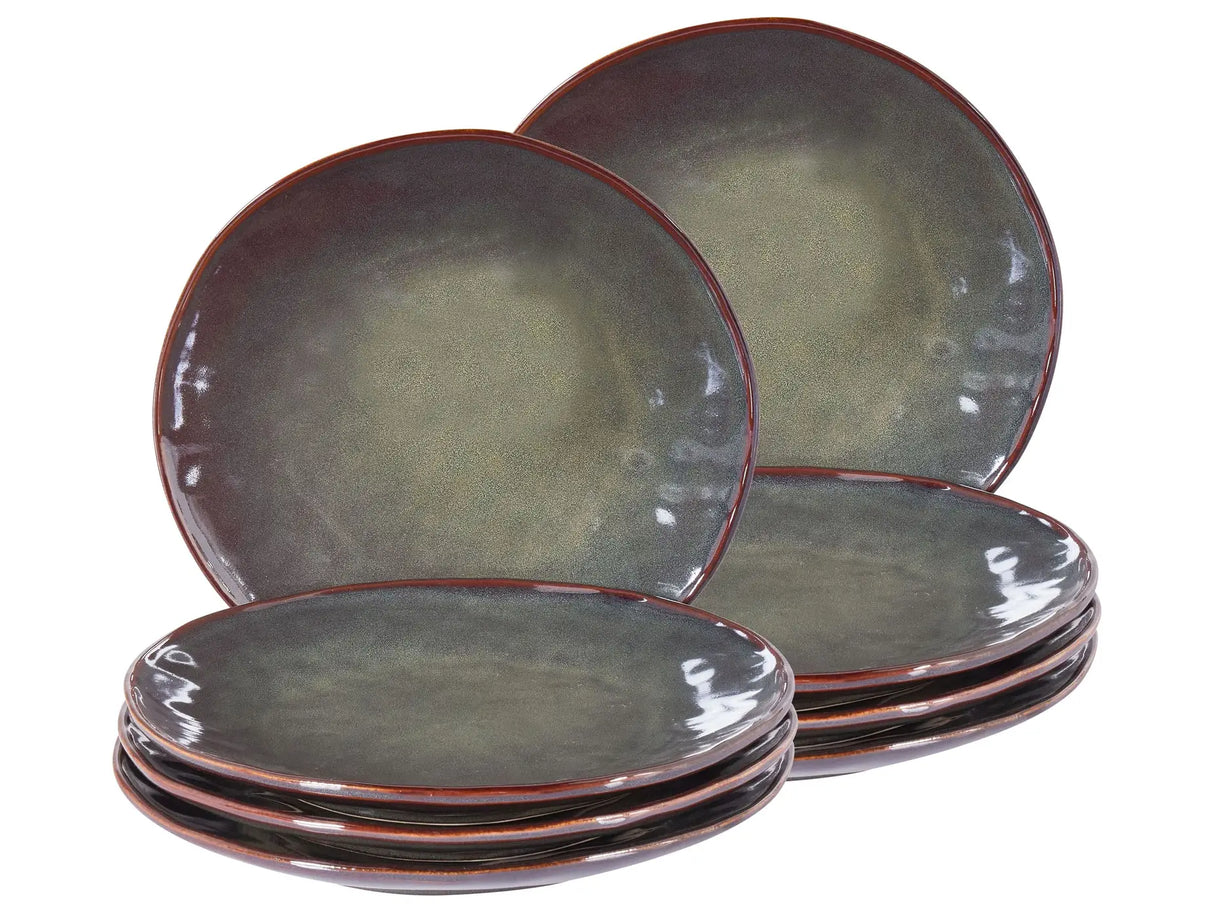 Set of 8 Side Plates Dark Green Stoneware Kaolin Handmade Reactive Glaze Finish Dessert Plate Kitchen Dining Room Beliani