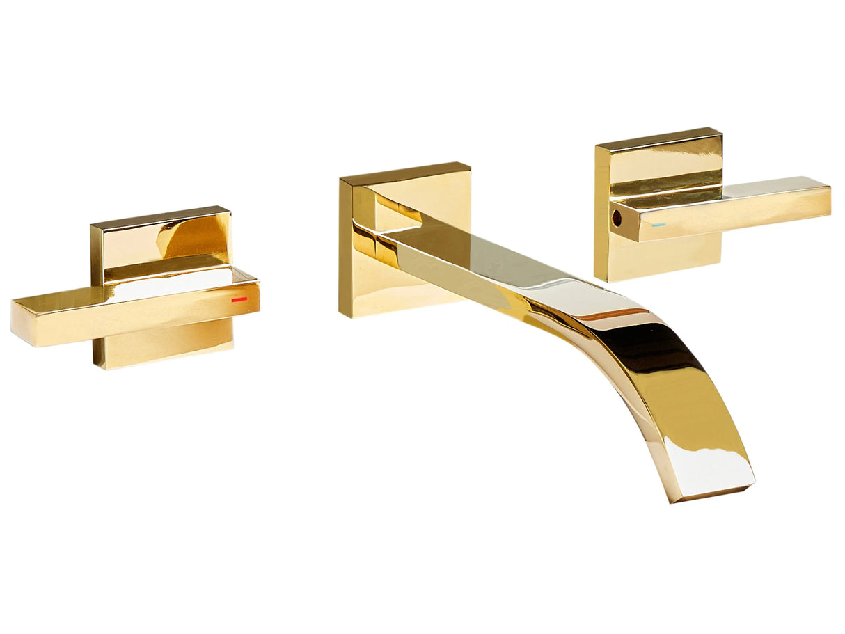 Wall Mounted Basin Mixer Tap Gold Brass 3 Tap Hole Dual Lever Beliani