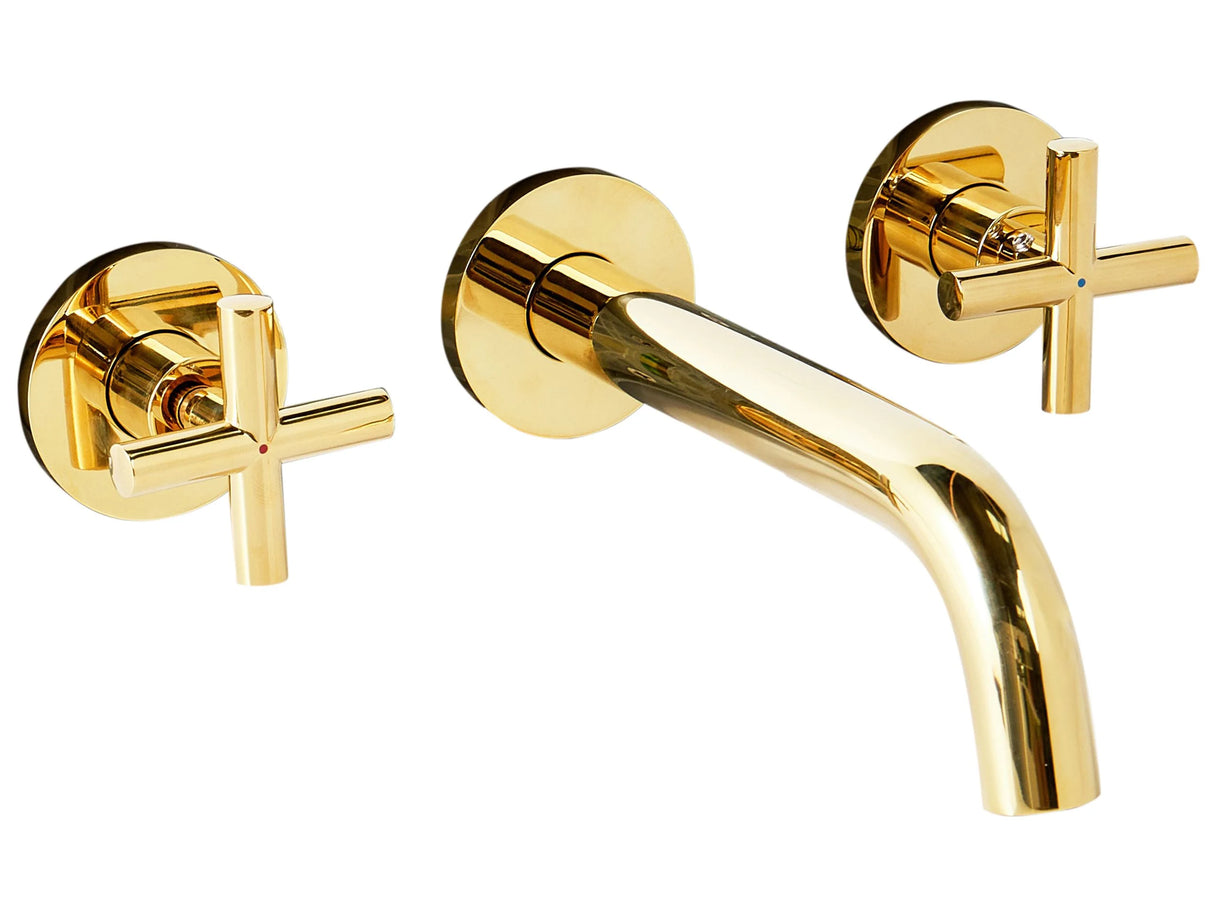 Wall Mounted Basin Mixer Tap Gold Brass 3 Tap Hole Dual Lever Beliani