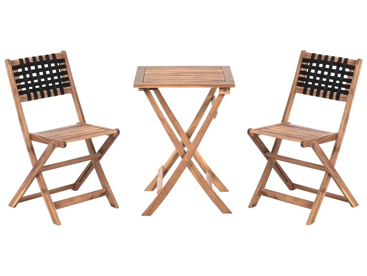 3 Piece Bistro Set Brown and Black Solid Acacia Wood 2 Chairs and Tea Table Folding Slatted Design Beliani