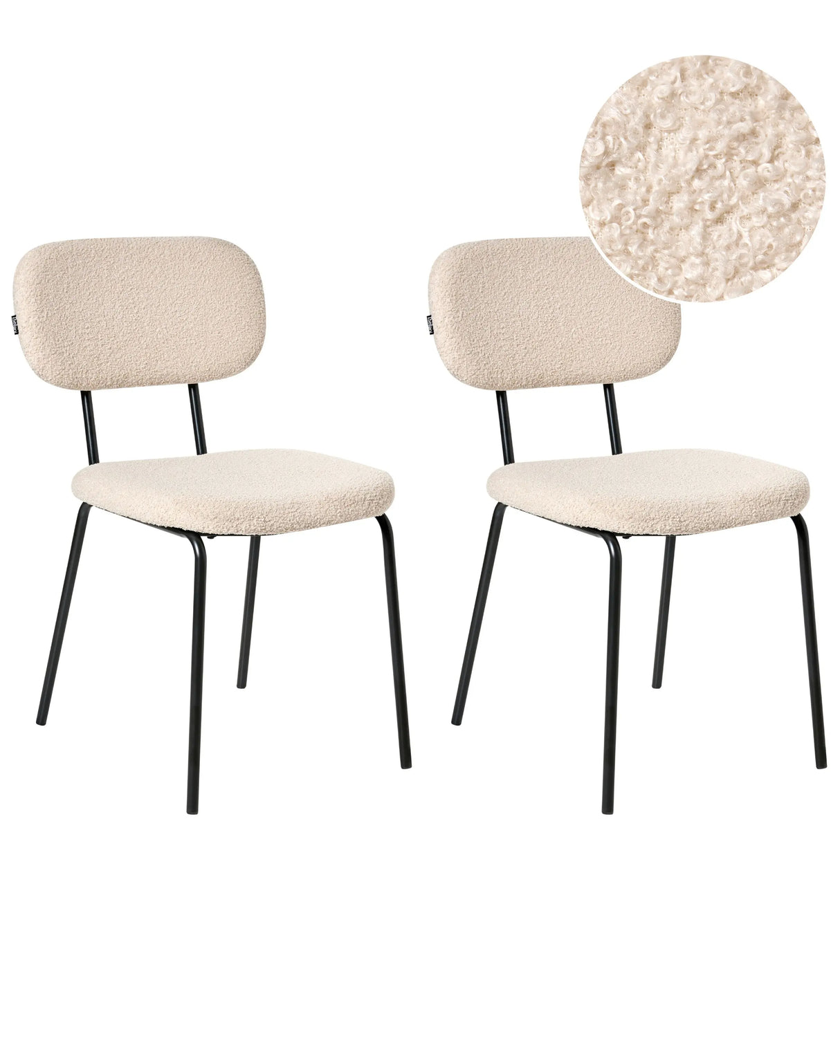Set of 2 Dining Room Chairs Beige Boucle Upholstery Black Base Iron Frame Retro Design Beliani