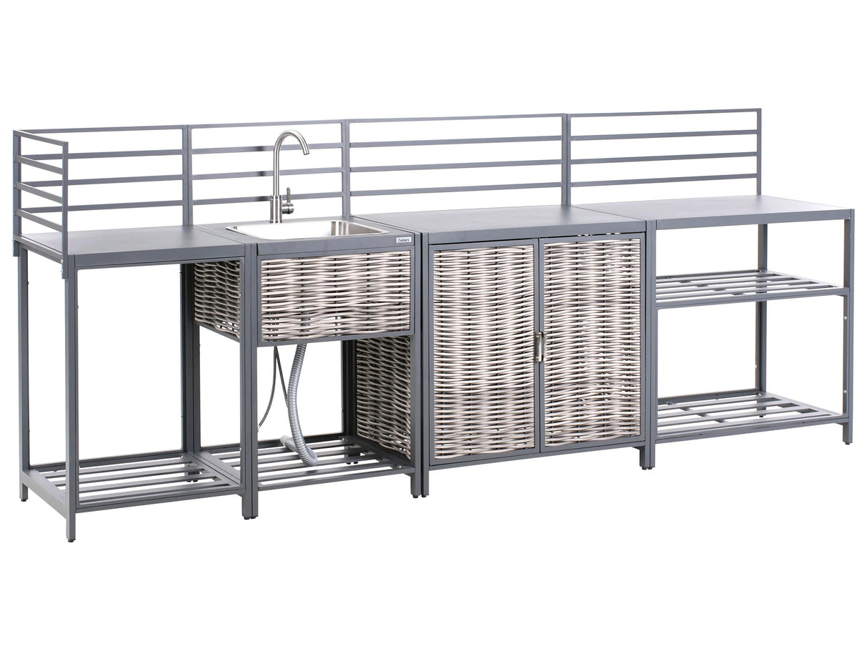 4 Piece Outdoor Kitchen Set Grey Aluminium PE Rattan Storage Cabinet Island Sink Outdoor Kitchen Cooking Station Beliani