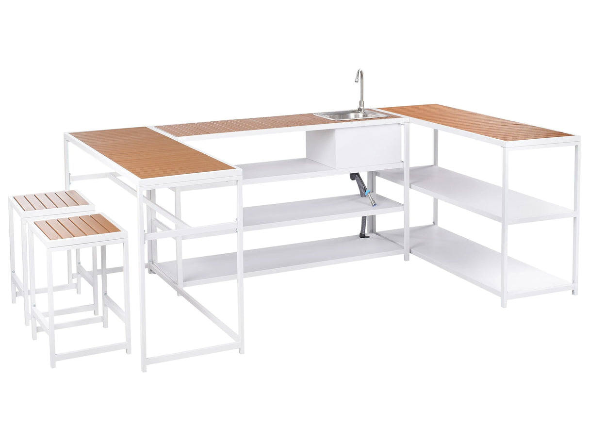 6 Piece Outdoor Kitchen Set White Steel Polywood Tops 2 Seater Bar Table with Stools and Cabinet Sink Single Lever Outdoor Kitchen Cooking Station Beliani