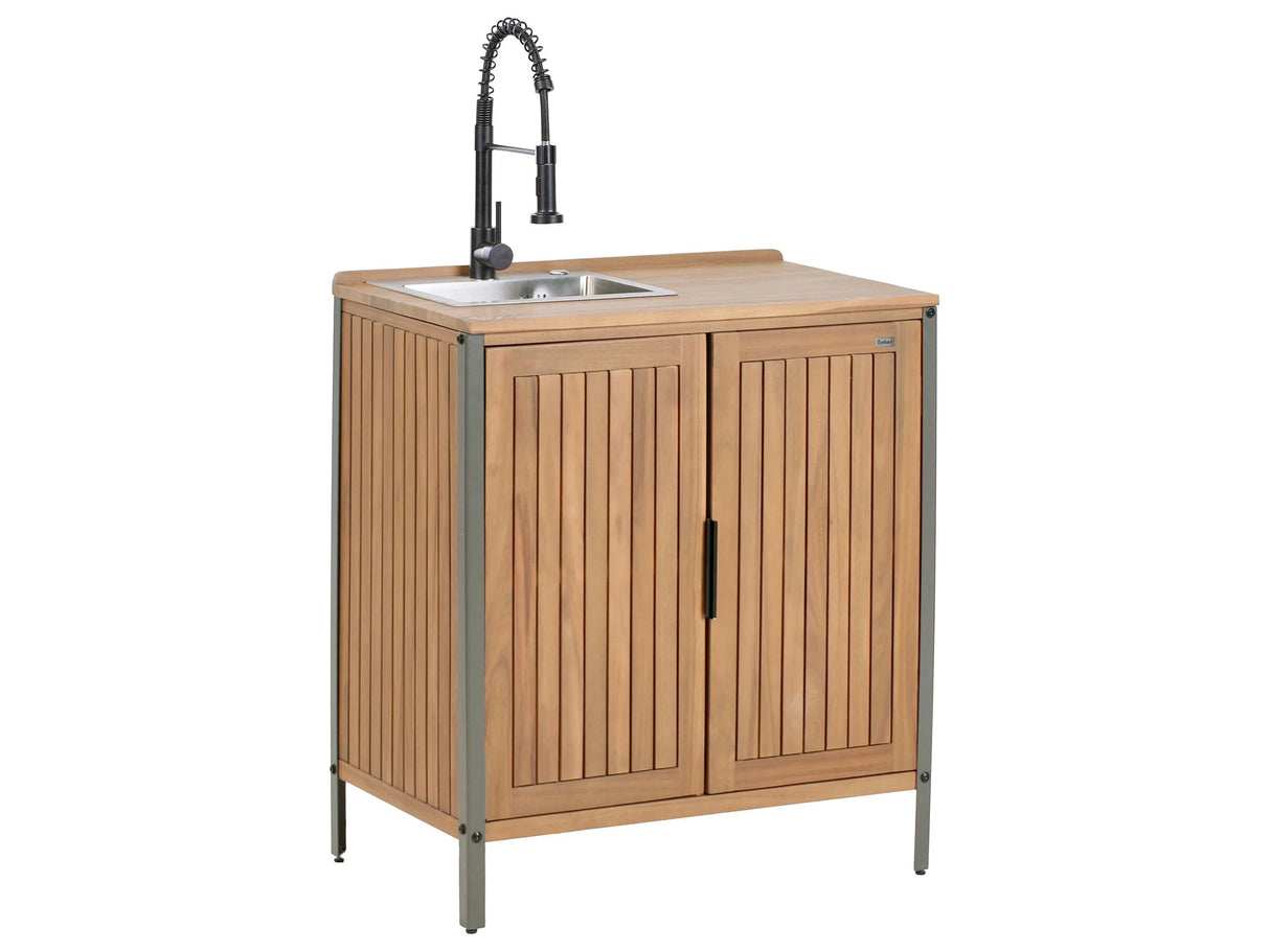 Outdoor Kitchen Cabinet Brown with Black Acacia Wood Sink Faucet 2 Shelves 2 Doors Unit with Top 50 x 80 x 92 cm Garden Kitchen Dining Beliani