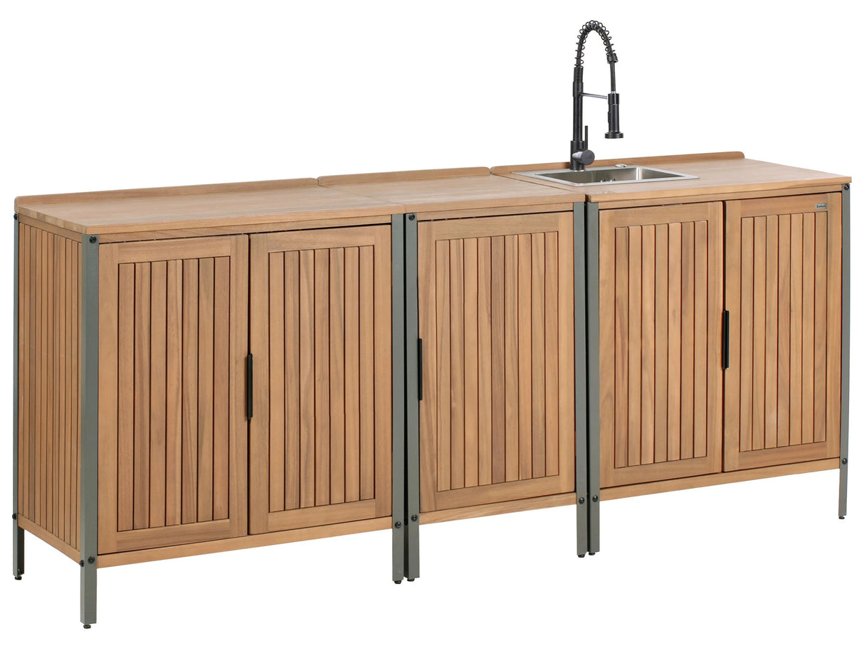 Outdoor Kitchen Cabinets Set with Sink and Faucet Brown and Black Acacia Wood Stainless Steel Shelves Unit with Top Garden Kitchen Dining Beliani