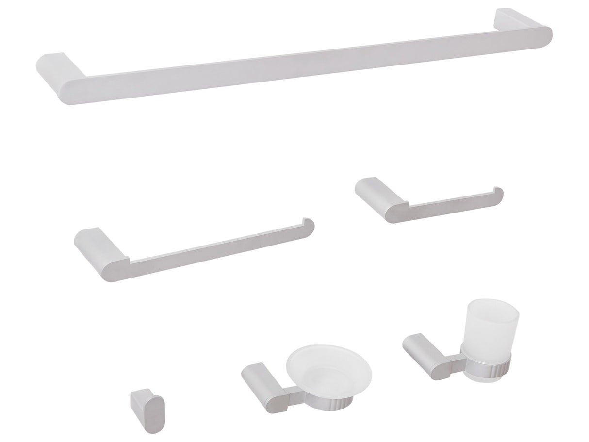 6-Piece Bathroom Hardware Set Silver Aluminium Glass Tumbler and Soap Dish Included Bathroom Accessories Minimalist Chic Beliani