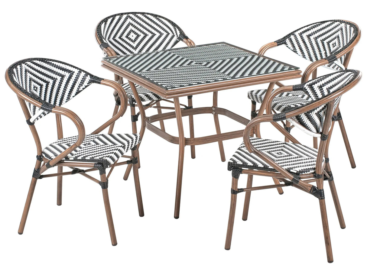 4 Seater Garden Dining Set Black and White Dark Brown PE Rattan Top 80 x 80 Table and 4 Stackable Aluminium Frame Beliani