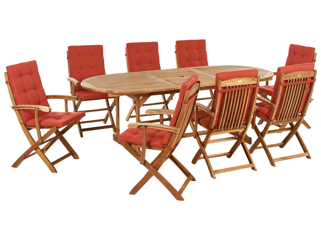 Outdoor Dining Set Light Acacia Wood with Red Cushions 8 Seater Table Folding Chairs Rustic Design Beliani
