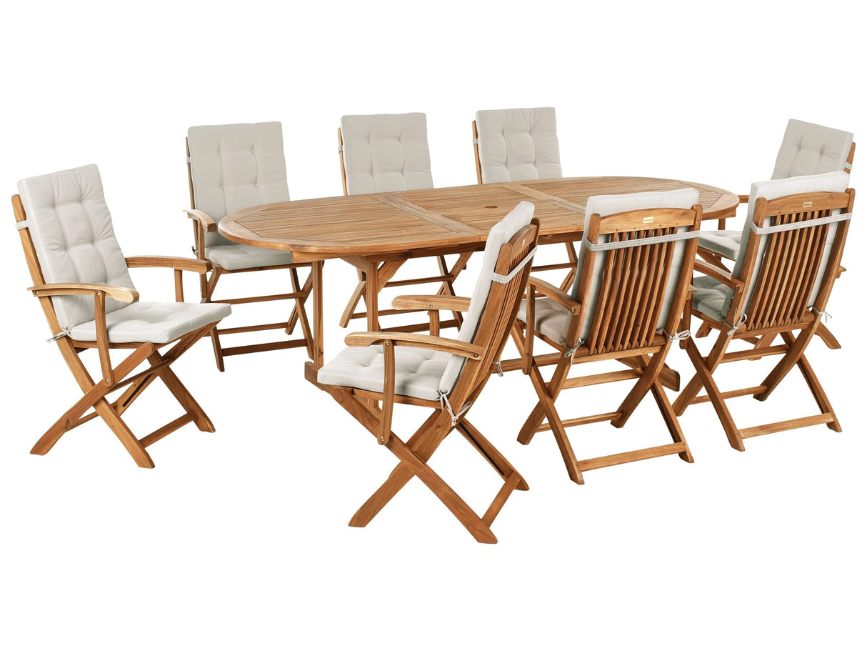 Outdoor Dining Set Light Acacia Wood with Taupe Cushions 8 Seater Table Folding Chairs Rustic Design Beliani