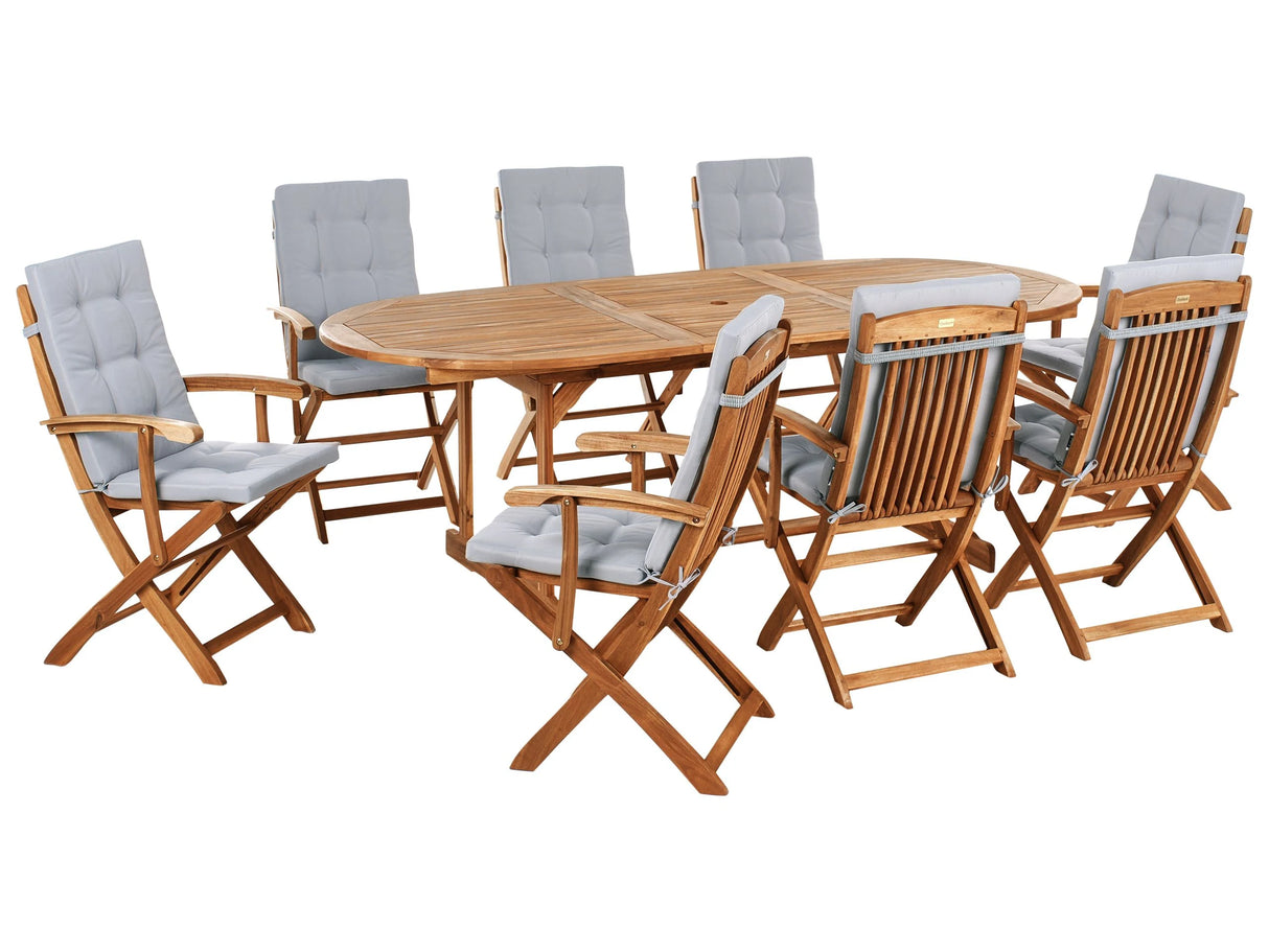 Outdoor Dining Set Light Acacia Wood with Light Grey Cushions 8 Seater Table Folding Chairs Rustic Design Beliani